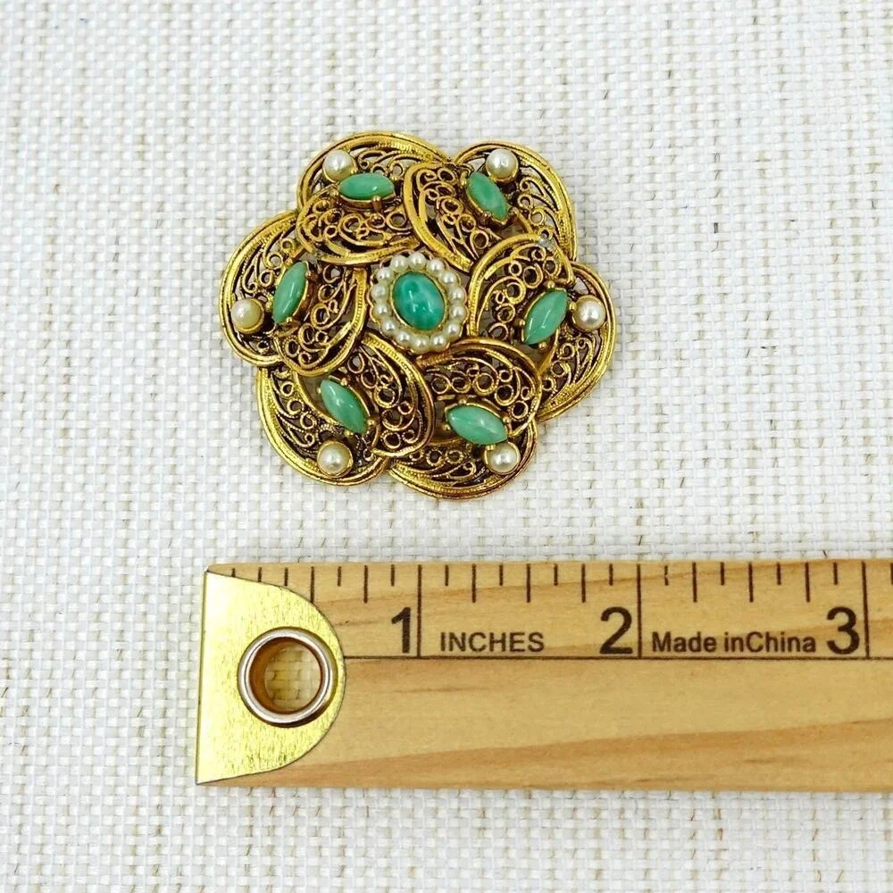 Vintage Gold Tone Dome Brooch Filigree Tiered Green Faux Pearl Victorian Revival